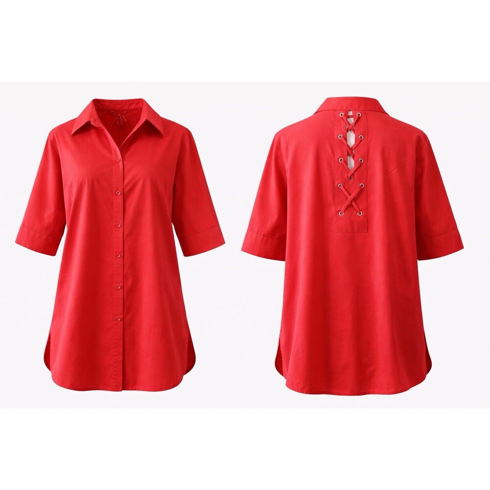 Chico’s‎ Red Lace Up Back Button Front Blouse Short Sleeve Tunic Size 2 Large - Picture 2 of 15